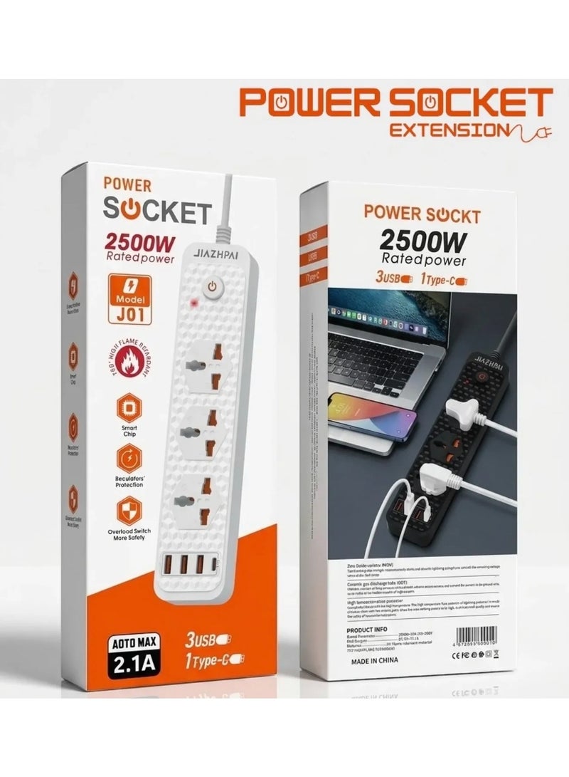 Power Strip Extension Socket, 2500W Universal Board with 3 USB & 1 Type-C Fast Charging Port, Overload Protection