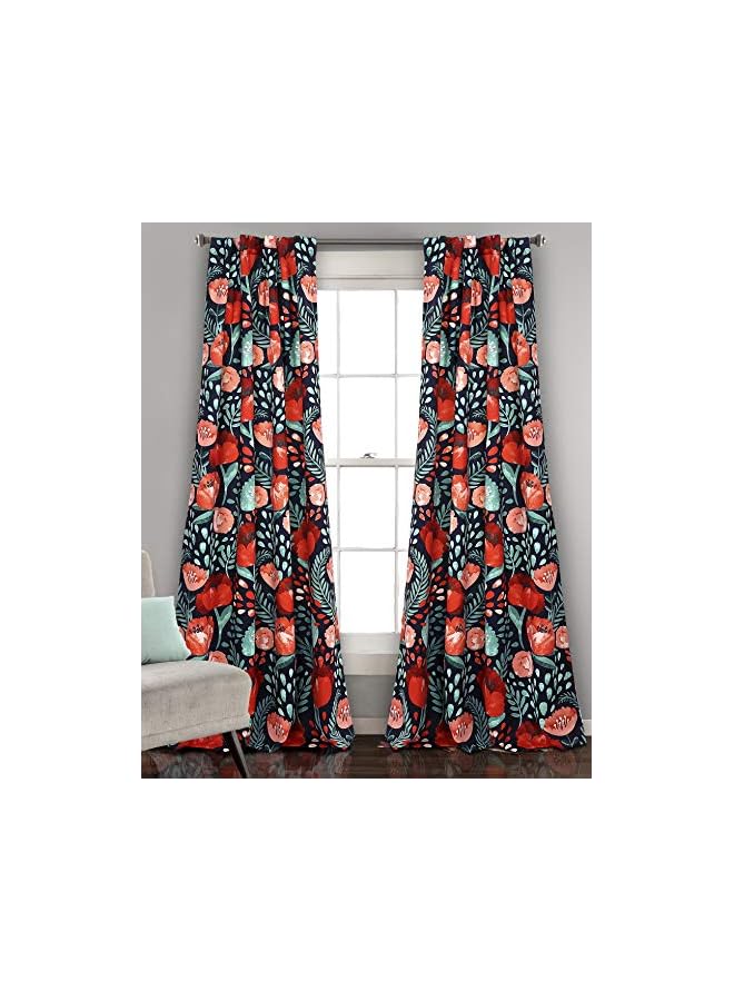 The Bros Poppy Garden Curtains Room Darkening Window Set for Living, Dining, Bedroom, 84 in L Panel Pair, Navy - Image 2