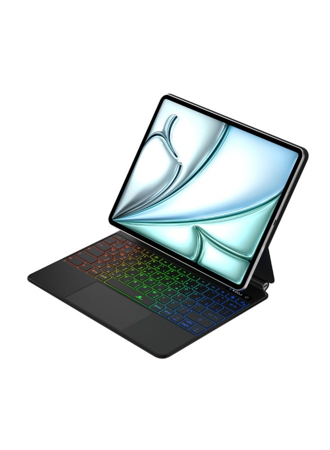 Rock Pow 【Arabic & English】Magic Keyboard Case for iPad Air 13 inch M4/M3/M2 (2026/2025/2024) and iPad Pro 12.9 inch (6th2022/5th2021/4th2020/3th2018) with Strong Magnetic Case Smart Trackpad 7-Color Backlit LCD Display, Multi-Touch Trackpad Magnetic Cover for iPad Air 13inch and iPad 12.9 inch Black
