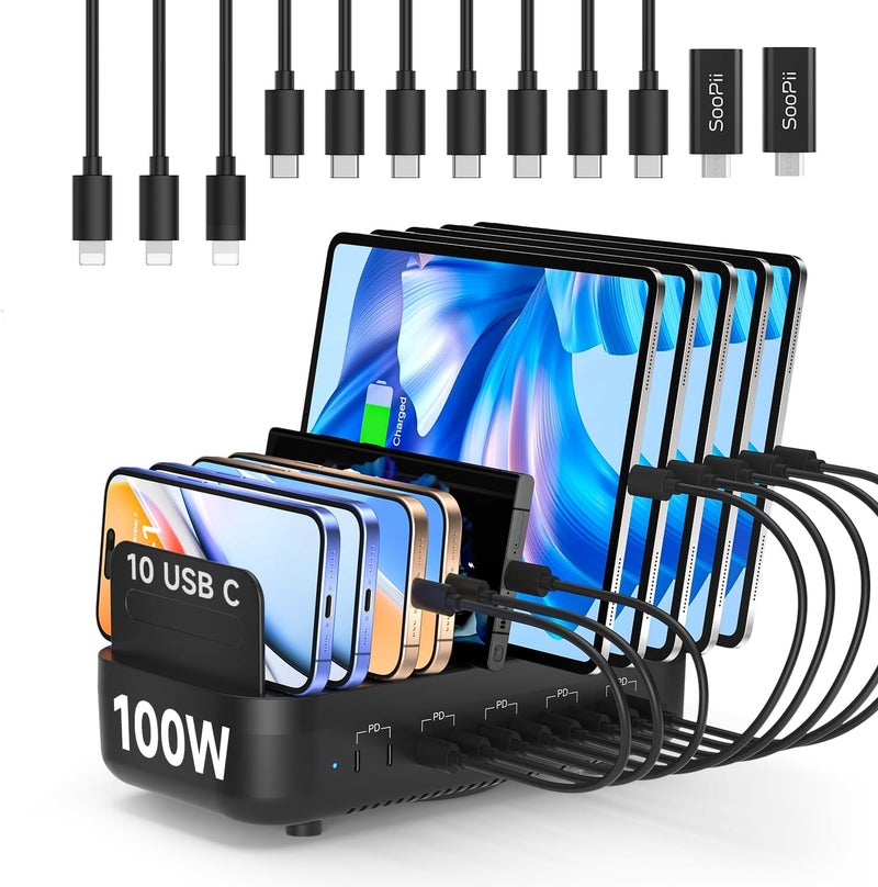Soopii Multi-USB Charging Station, 100W 10-Port Type C Fast Charging Station for Multiple Devices with 10 USB C Cables and Adjustable Dividers, Compatible with Phone, Tablet, Kindle and More (Black) - Image 1