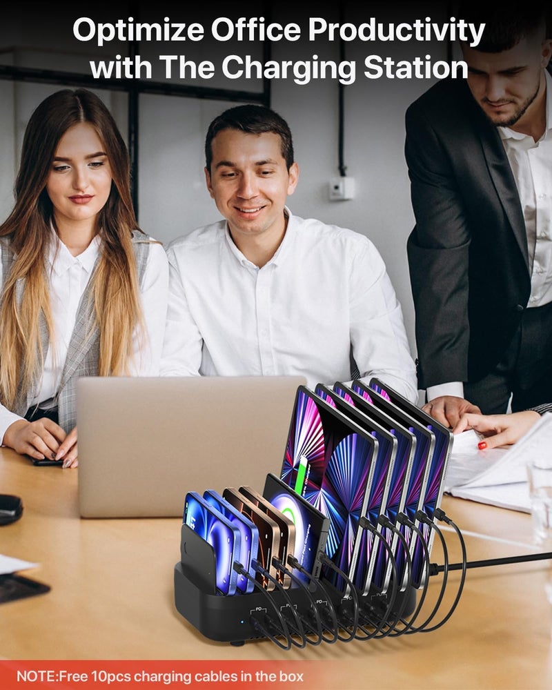 Soopii Multi-USB Charging Station, 100W 10-Port Type C Fast Charging Station for Multiple Devices with 10 USB C Cables and Adjustable Dividers, Compatible with Phone, Tablet, Kindle and More (Black) - Image 3
