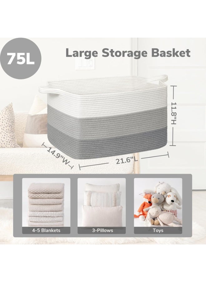 Goodpick Storage Basket, 21.6" x 14.9" x 11.8", Blanket Basket for Living Room, Large Woven Baskets for Storage, Toy Organizer, Rectangle Rope Baskets for Organizing, Gray - Image 2