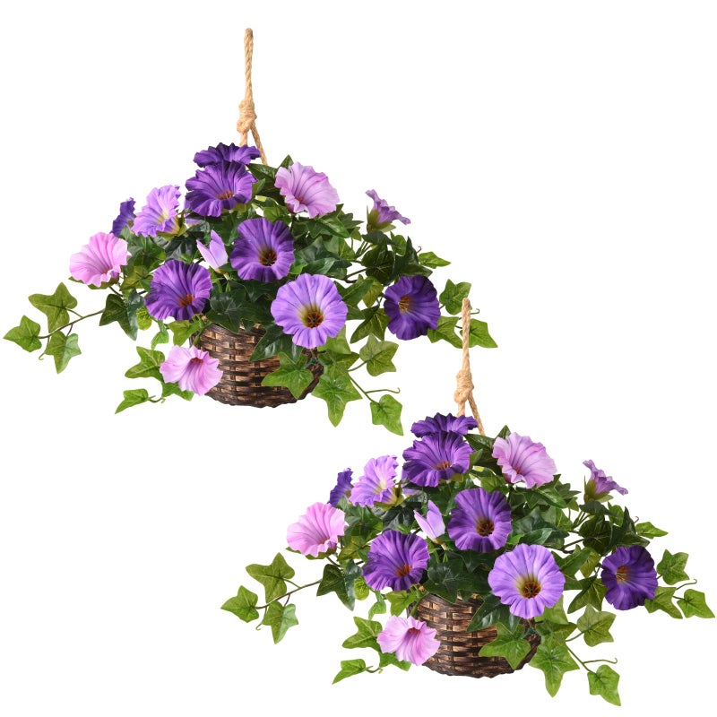 ZFProcess 2 Set Artificial Outdoor Flowers with Hanging Basket 2 Hanging Planters Faux Silk Morning Glory Flowers for Spring Summer Front Porch Garden Patio Home DecorDark Orchid - Image 2