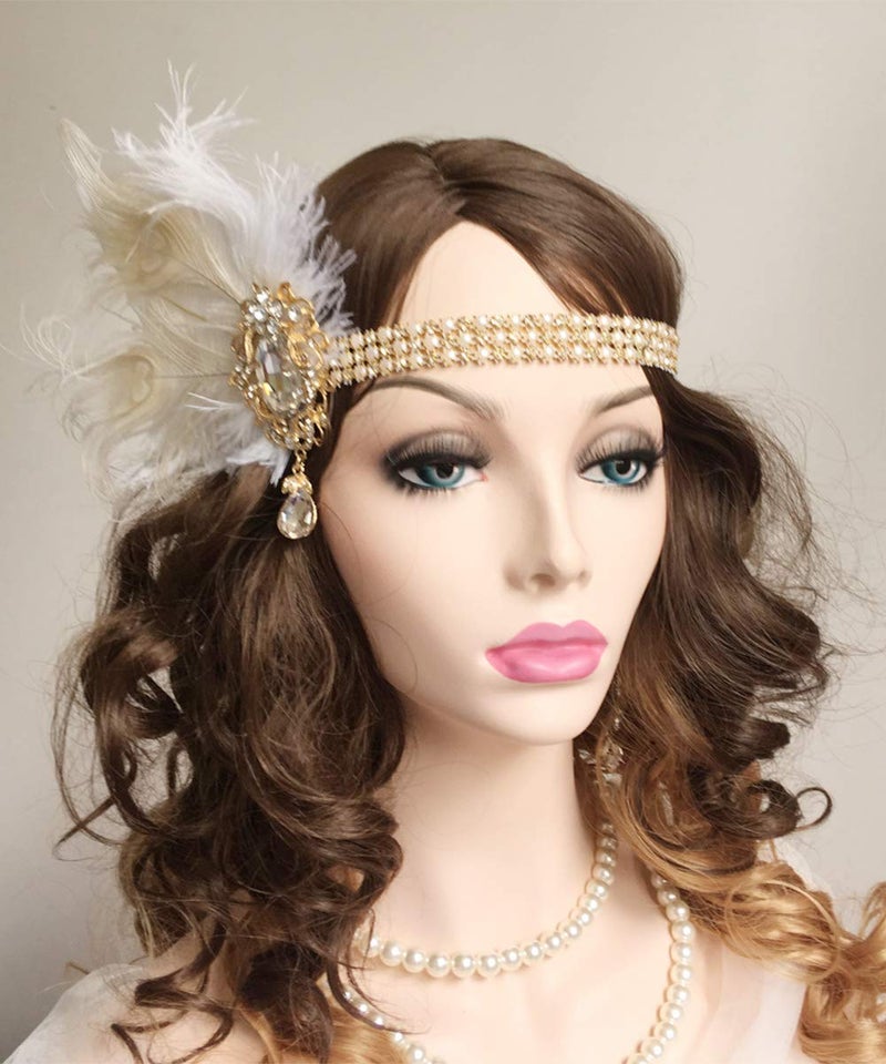 Chmier Bridal 1920s Flapper Feather Headband with Crystal Pearl Head Chain White Feather Roaring 20s Headpiece Prom Party Festival Hair Jewelry for Women - Image 3