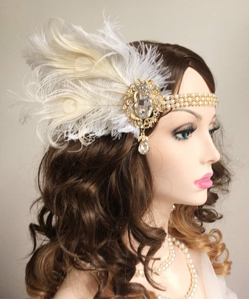 Chmier Bridal 1920s Flapper Feather Headband with Crystal Pearl Head Chain White Feather Roaring 20s Headpiece Prom Party Festival Hair Jewelry for Women - Image 2