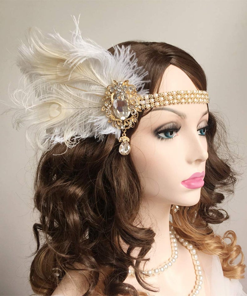 Chmier Bridal 1920s Flapper Feather Headband with Crystal Pearl Head Chain White Feather Roaring 20s Headpiece Prom Party Festival Hair Jewelry for Women - Image 4
