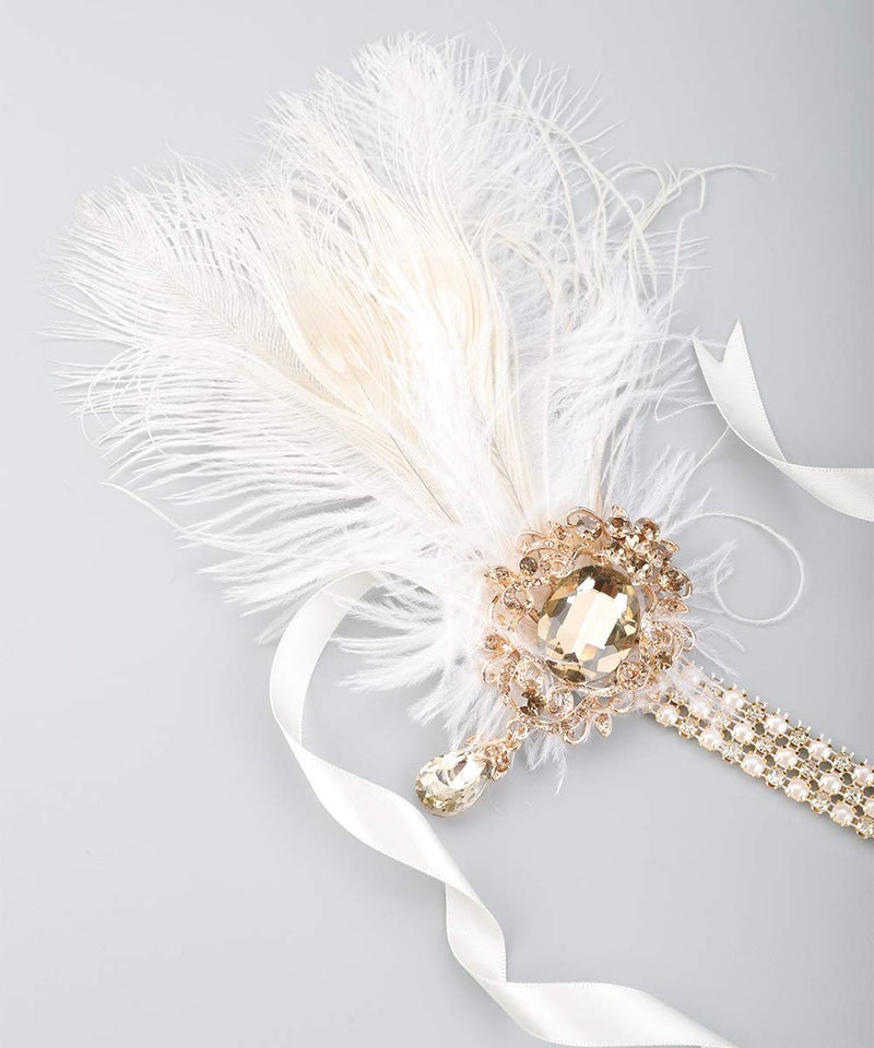 Chmier Bridal 1920s Flapper Feather Headband with Crystal Pearl Head Chain White Feather Roaring 20s Headpiece Prom Party Festival Hair Jewelry for Women - Image 5