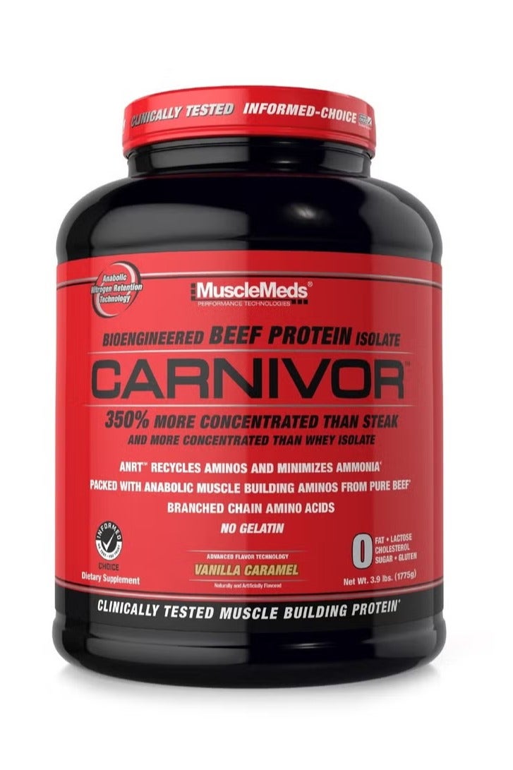 MUSCLEMEDS Carnivor Mass Anabolic Beef Protein Gainer Vanilla Caramel Flavor 14 Servings. - Image 1