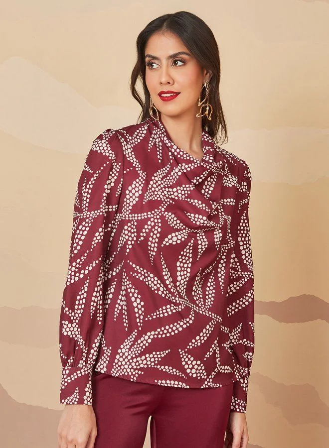Styli Leaf Printed Cowl Neck Satin Blouse