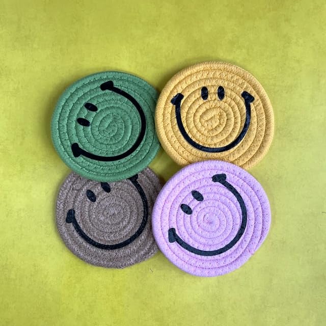 cleanex india Brighten up Your Table While Protecting Your Surfaces with The Smiley Jute Tea Coaster Set Designed specifically for Glass Mugs. Crafted from eco-Friendly, Natural Jute - Image 1