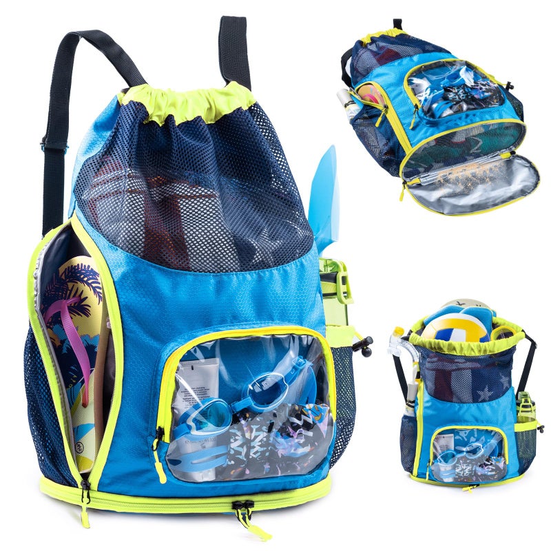 VIGEGARI Drawstring Backpack Sandproof - Mesh Backpack Beach Bag with Shoe Compartment - Swim Bag for Beach, Pool - Pool Bag with Pockets for Toiletries - Wet Bag for Swimsuit - Summer Camp Essentials - Image 1