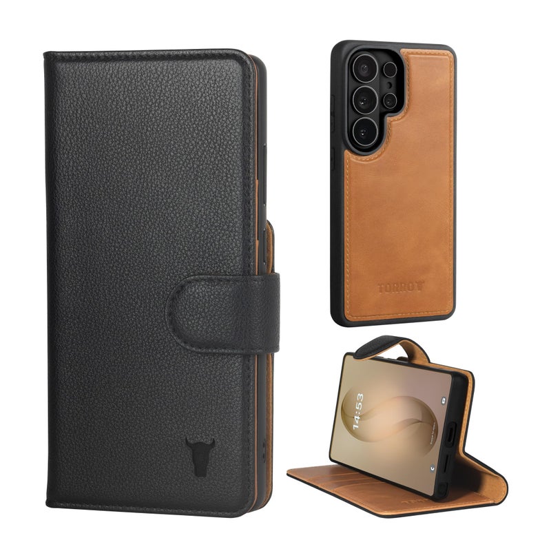 TORRO Leather Case Compatible with Samsung Galaxy S26 Ultra 5G 2026 â€“ Leather Bumper Case with Magnetically Detachable Wallet Cover with Kickstand and Card Slots (Black) - Image 1