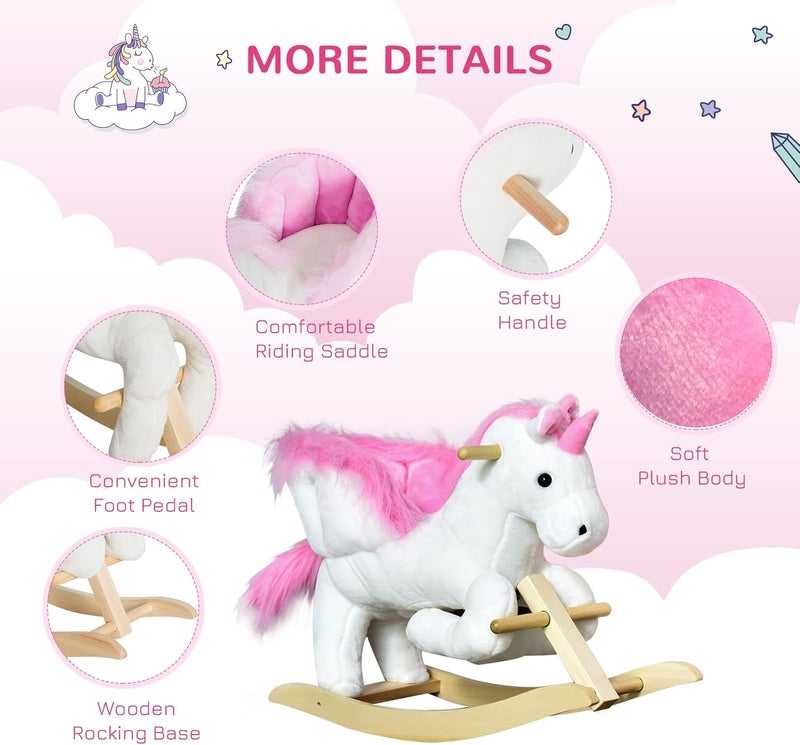 Qaba Unicorn Baby Rocking Horse Toy for Kids with Lullaby Song, Plush Ride on Horse with Heavy-Duty Support System, Interactive Toy Pretend Play Toy for Toddlers 18-36 Months - Image 5