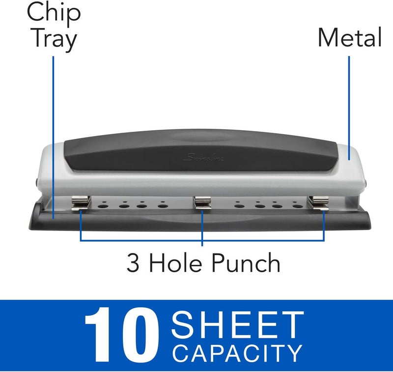 Swingline 3 Hole Punch,10 Sheet Capacity Three Hole Puncher 3 Ring,Adjustable 2-3-Hole Paper Punch,Precision Pro,Black & Silver (74037),(Pack of 12) - Image 2