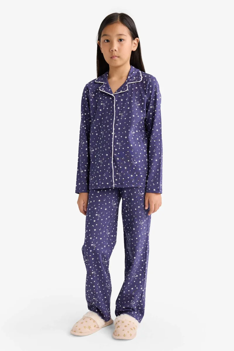 ديفاكتو Girl Relax Fit Patterned Top Bottoms 2 Piece Pajama Set