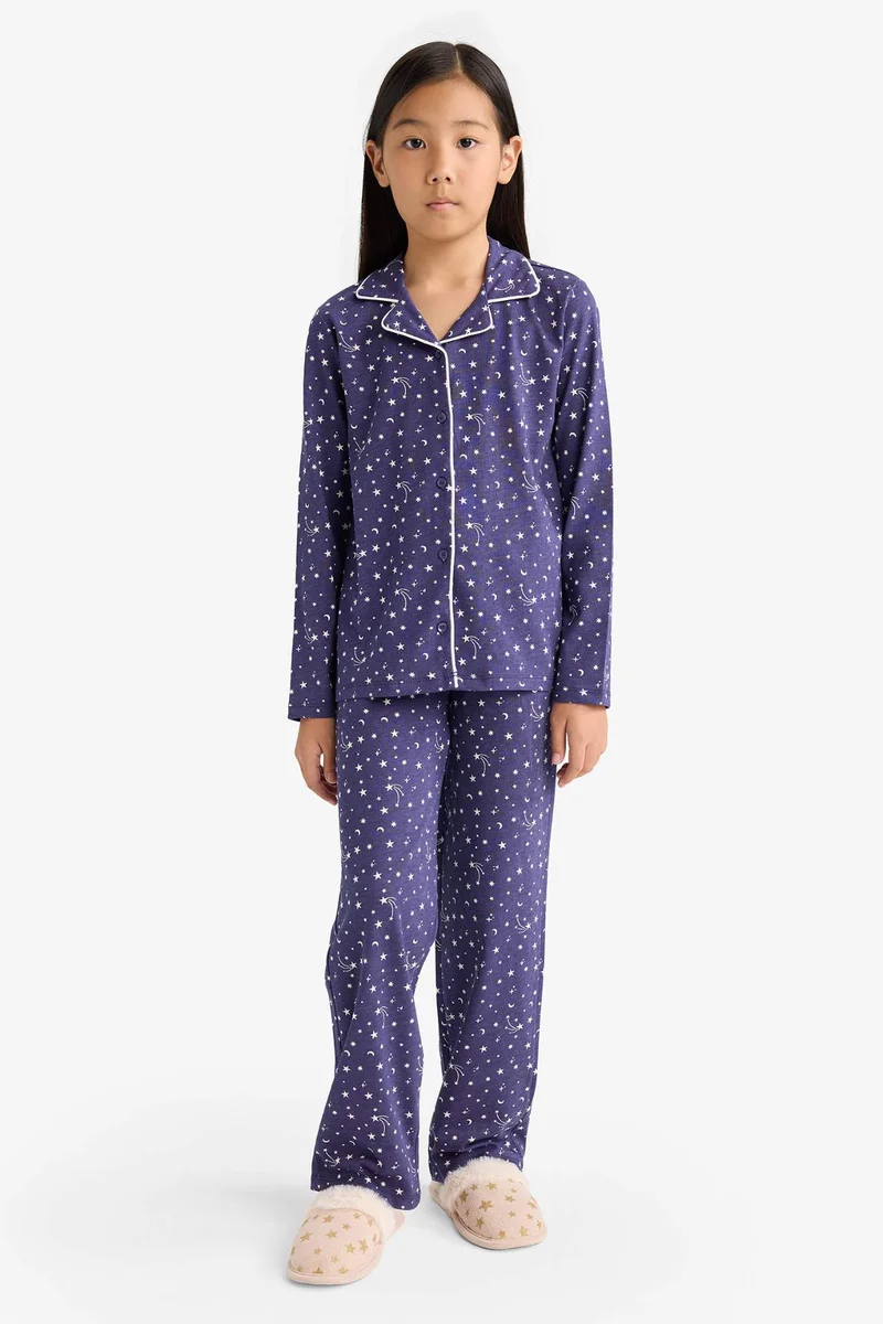ديفاكتو Girl Relax Fit Patterned Top Bottoms 2 Piece Pajama Set
