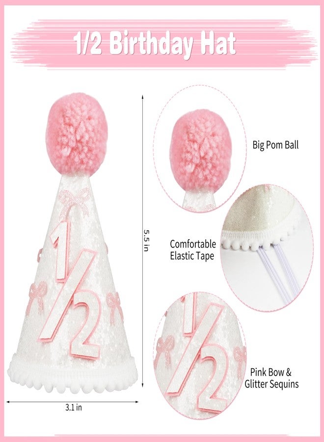 THAWAY 1/2 Birthday Girl Half Birthday Decorations Pink Bow It's My 1/2 Birth Banner Glitter Cake Topper Ribbon Bow Wood Bead High Chair Banner & Cone Hat 6 Months birthday Decorations Party Supplies (Pink) - Image 4