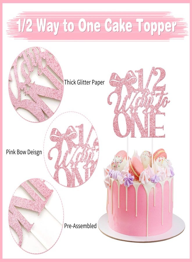 THAWAY 1/2 Birthday Girl Half Birthday Decorations Pink Bow It's My 1/2 Birth Banner Glitter Cake Topper Ribbon Bow Wood Bead High Chair Banner & Cone Hat 6 Months birthday Decorations Party Supplies (Pink) - Image 5