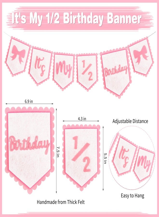 THAWAY 1/2 Birthday Girl Half Birthday Decorations Pink Bow It's My 1/2 Birth Banner Glitter Cake Topper Ribbon Bow Wood Bead High Chair Banner & Cone Hat 6 Months birthday Decorations Party Supplies (Pink) - Image 2