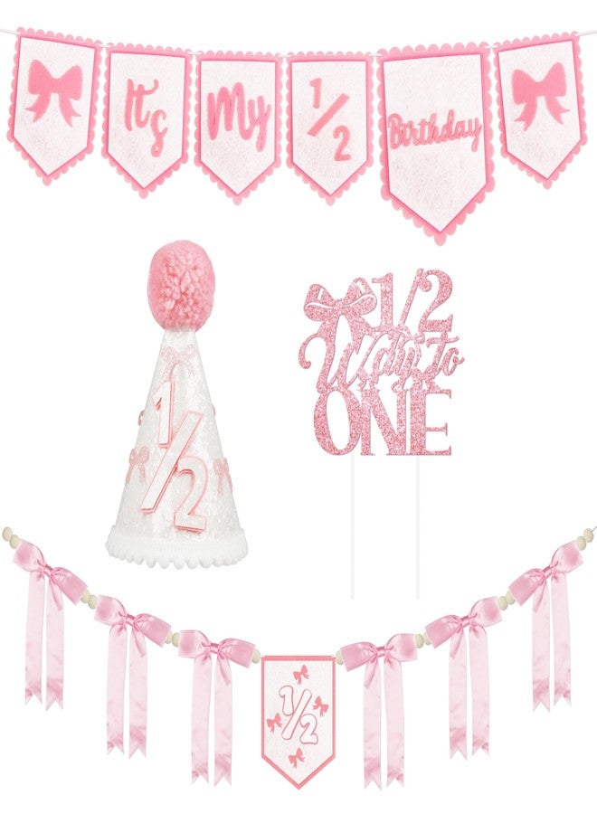 THAWAY 1/2 Birthday Girl Half Birthday Decorations Pink Bow It's My 1/2 Birth Banner Glitter Cake Topper Ribbon Bow Wood Bead High Chair Banner & Cone Hat 6 Months birthday Decorations Party Supplies (Pink) - Image 1