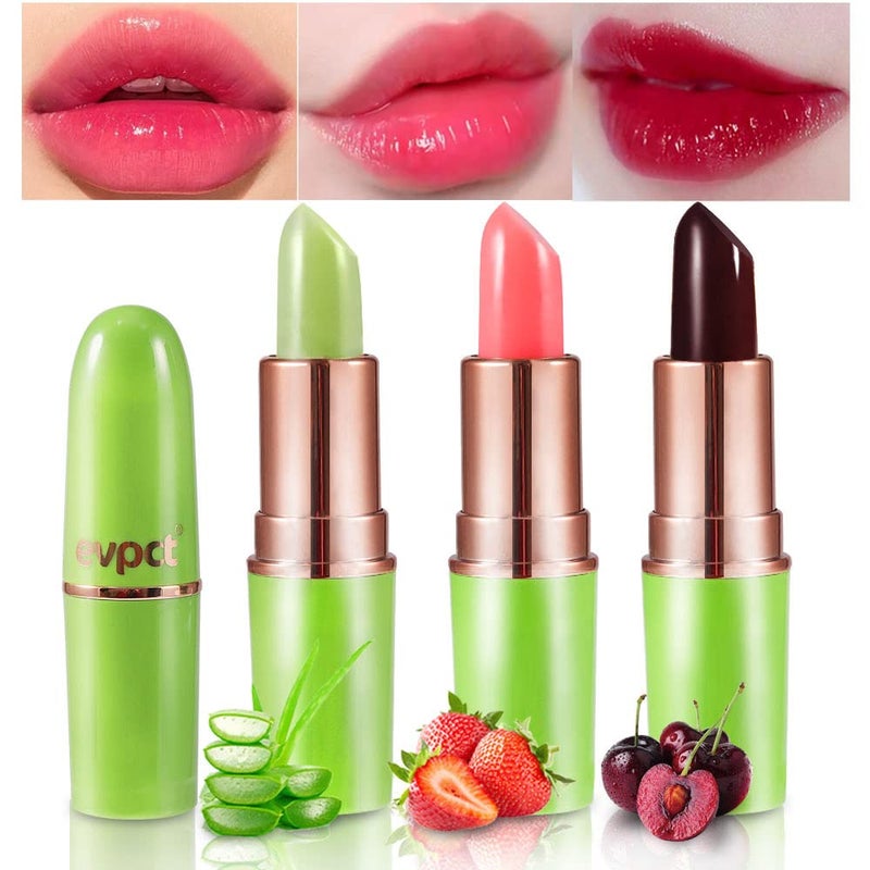 evpct 3Pcs Aloe Vera Strawberry Black Red Cherry Lip Balm Color Changing Lipstick Set PH Mood Magic Lipstick 24 hours original Color Changing Long Lasting waterproof labiales magicos pintalabios