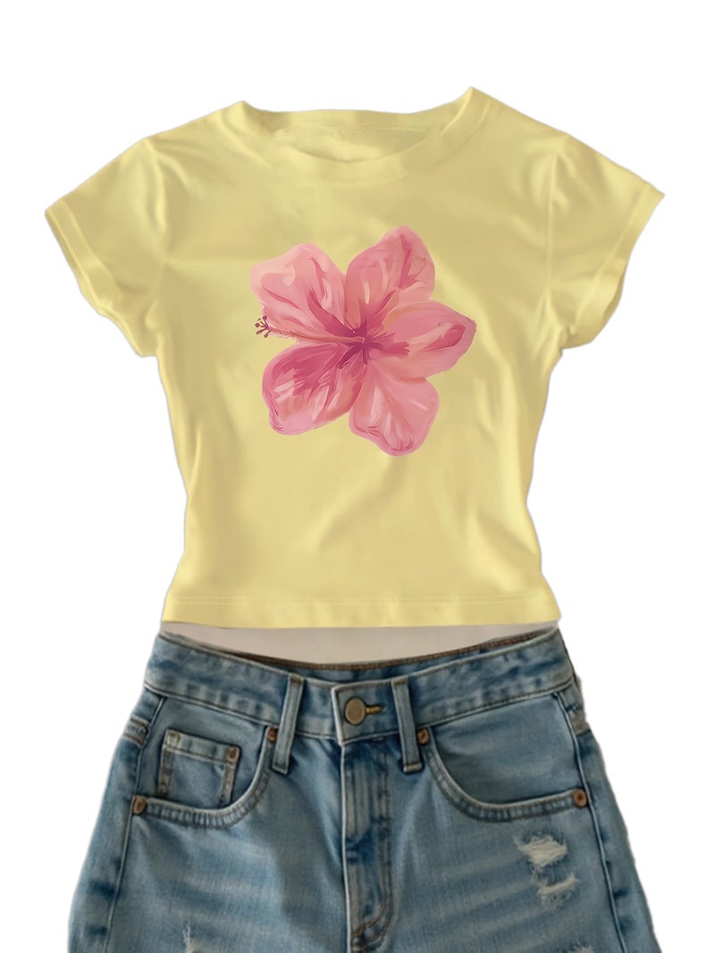 00008 - Women's Casual Top with Large Petal Print, Girly Heart, Ins - Style American Fashion, Versatile T - Shirt, New Summer Trendy Short Sleeve - CC73 - Yellow / XS - Image 1