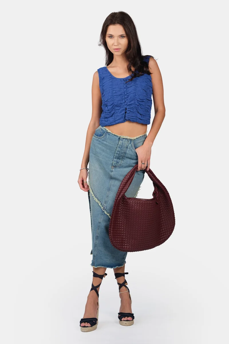 Virgio Solid Viscose Ruched Scoop Neck Crop Top for Women