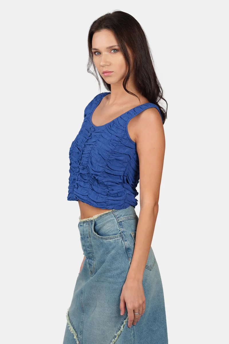 Virgio  Solid Viscose Ruched Scoop Neck Crop Top for Women for Women | Best Price UAE