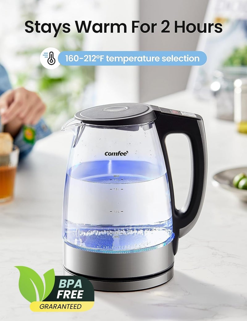 Comfee' ' 1.7L Glass Tea Kettle and Kettle Water Boiler - Electric Kettle Temperature Control with 6 Presets, 2-Hr Keep Warm, Fast Heating, 304 Stainless Steel, Auto-Off and Boil-Dry Protection - Image 3