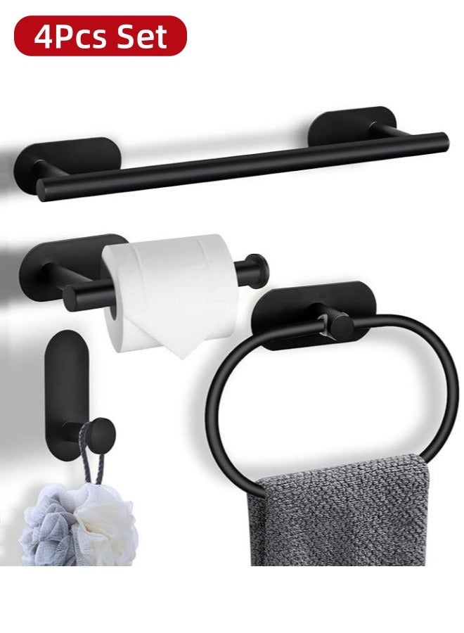 Bathroom Organizer Rack,Bathroom Hardware Set,bathroom rack,4Pcs Bathroom Accessories Kit No Drill Towel Holder Kit Sticky on Wall Mounted ,Stainless Steel Matte Black, Includes Bath Towel Bar, Toilet Paper Holder, Towel Ring, Hook soap and shampoo holder  - Image 1