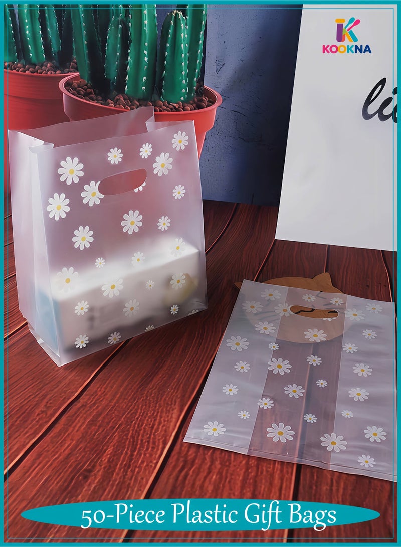 KOOKNA 50Pcs Gift Bags, Plastic Bag with Handles, Clear Packaging Bags for Wedding Party and Bakery, Waterproof Durable Reusable, Small Merchandise Tote Bags (25x18x10cm) - Image 1