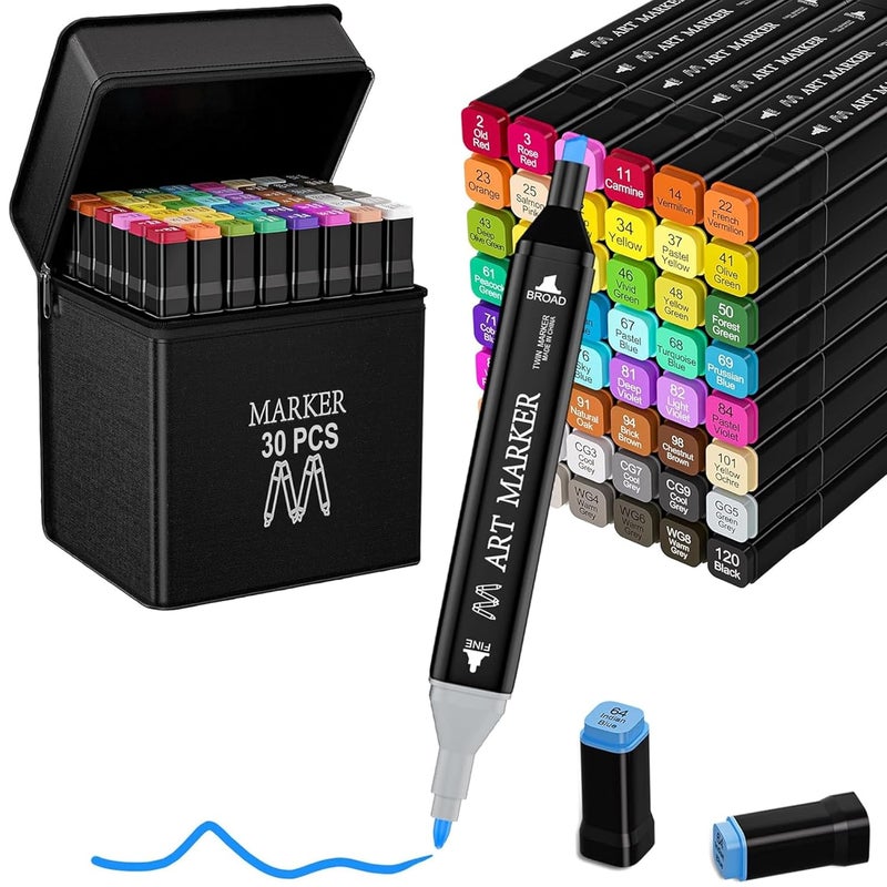 Bennort 30 Colors Alcohol Markers Sketch Pen with Carrying Case for Painting Sketching Calligraphy Drawing,Fine & Chisel Tip Art Markers Set,Permanent Colouring Marker for Kids Adult, Multicolor (30) - Image 1