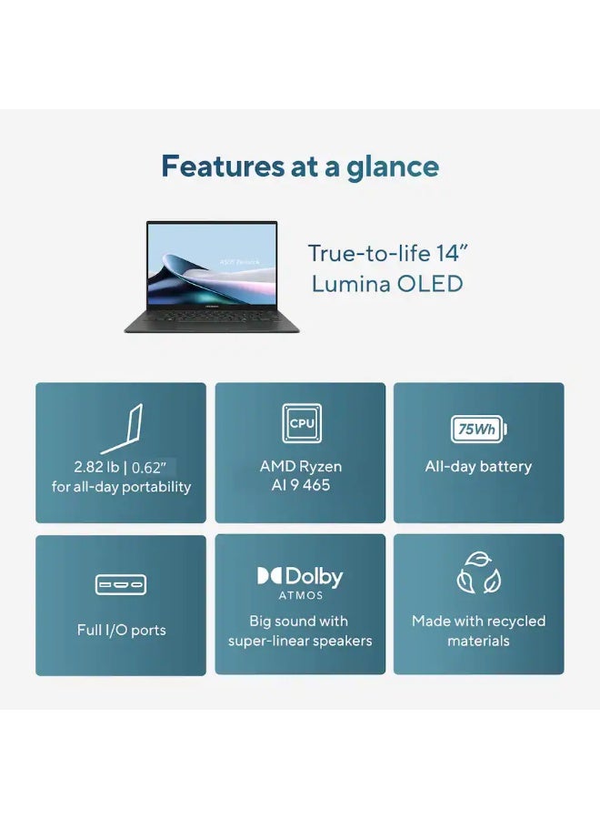 أسوس Zenbook 14 Copilot+ PC Laptop, AMD Ryzen AI 9 465, 1TB SSD, 16GB, 14" FHD+ (1920x1200) OLED Touchscreen, Windows 11 Home, English/Arabic Jasper Gray - Image 2
