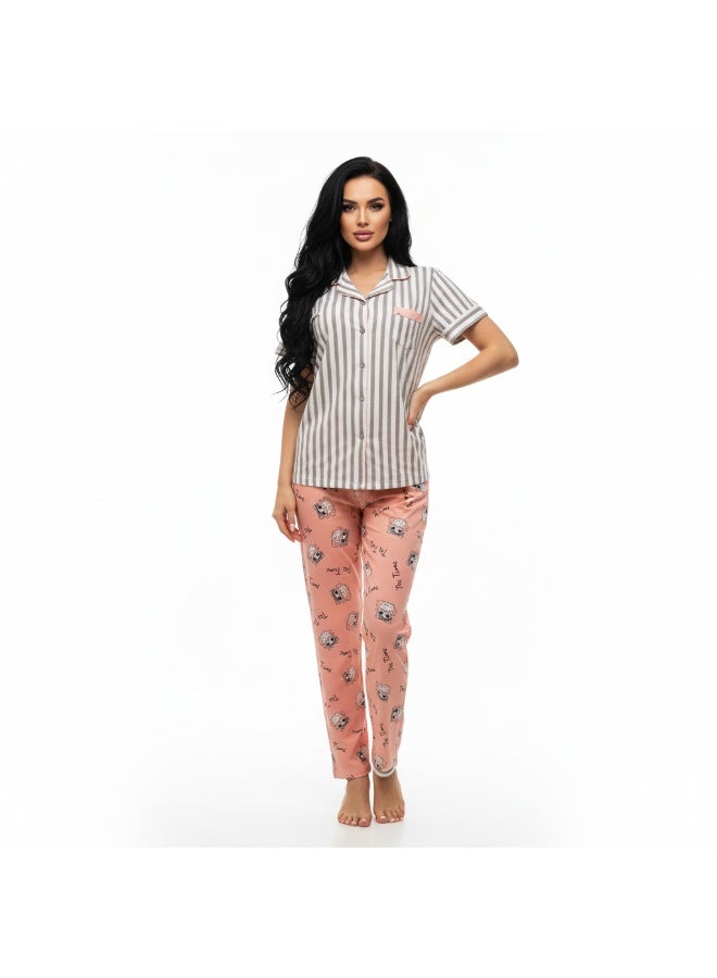 جوانا طقم بيجاما نسائي بتصميم خطوط رمادي فاتح، قميص بأزرار قصيرة مع جيب وبنطال طويل بلون ك coral peach - Image 1