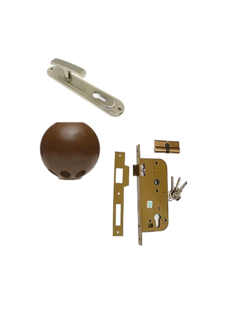AlAhram regular 3 key with Comex silver apartment door handle with door stop as a gift  - Image 1