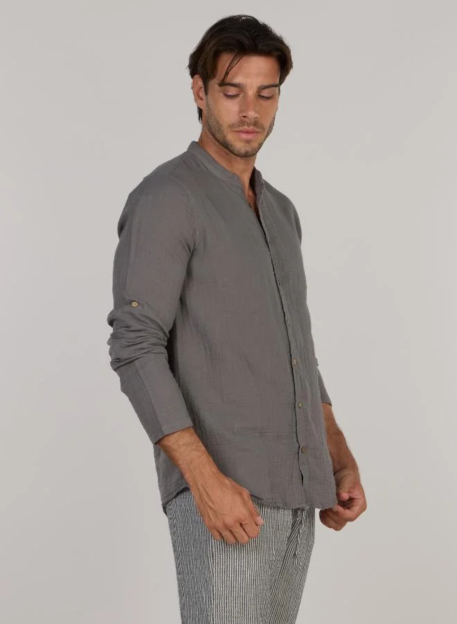 Just Nature Grey Regular Fit Mandarin Collar Resort Shirt for Men | Best Price UAE
