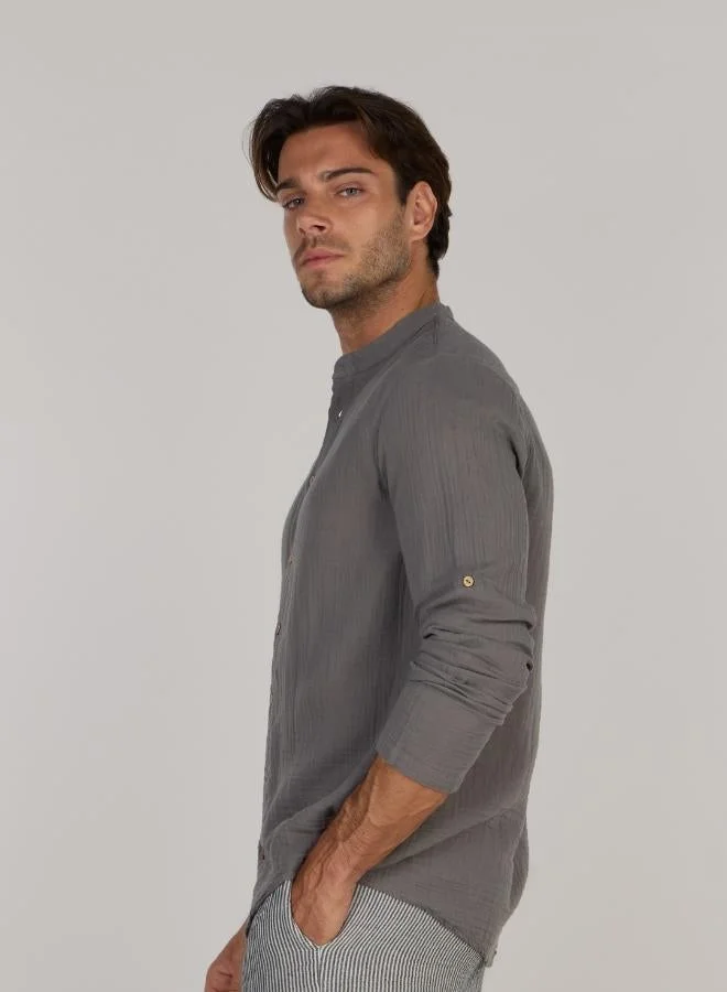 Just Nature Grey Regular Fit Mandarin Collar Resort Shirt for Men | Best Price UAE