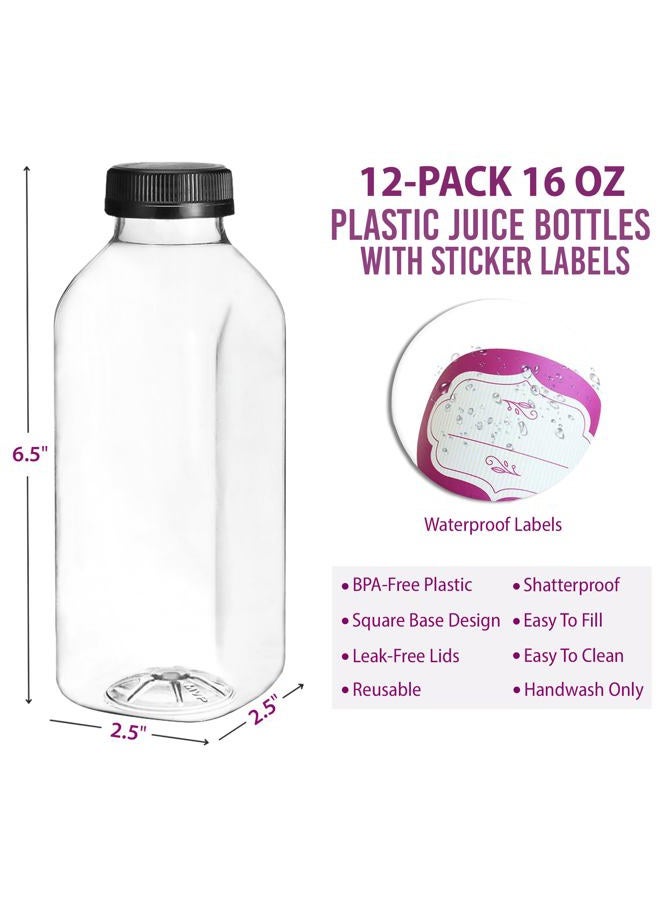 DilaBee Food Grade BPA-free Plastic Juice Bottles with Lids (16oz, Pack of 12) - Image 2