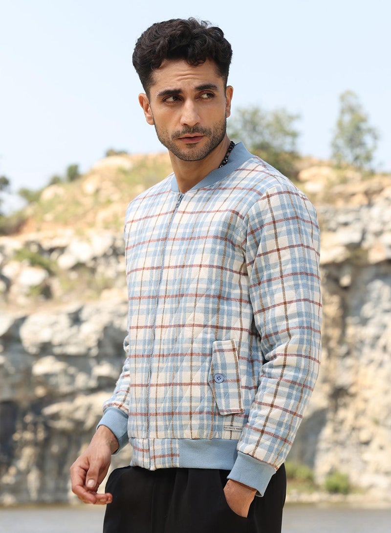كامبوس سوترا Men's Icy Blue & Brown Tartan Plaid Bomber Jacket  - Image 3