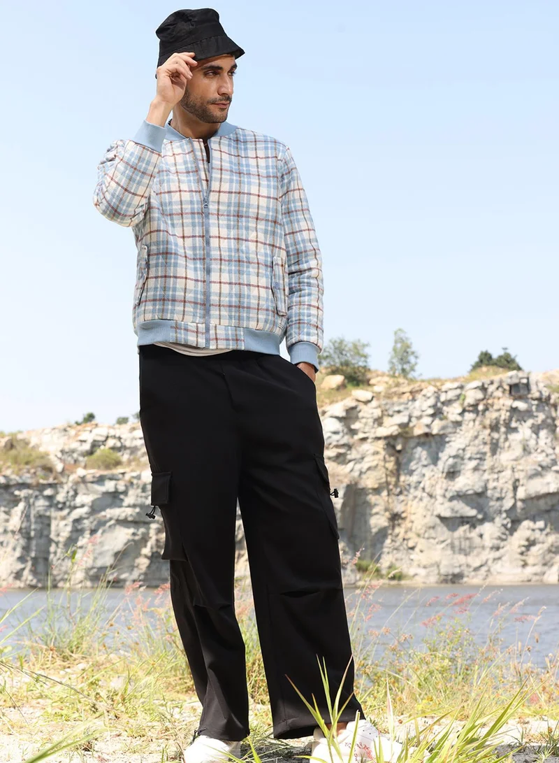 Campus Sutra Men's Icy Blue & Brown Tartan Plaid Bomber Jacket
