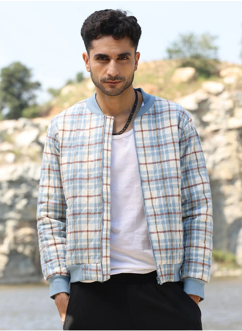 Campus Sutra Men's Icy Blue & Brown Tartan Plaid Bomber Jacket