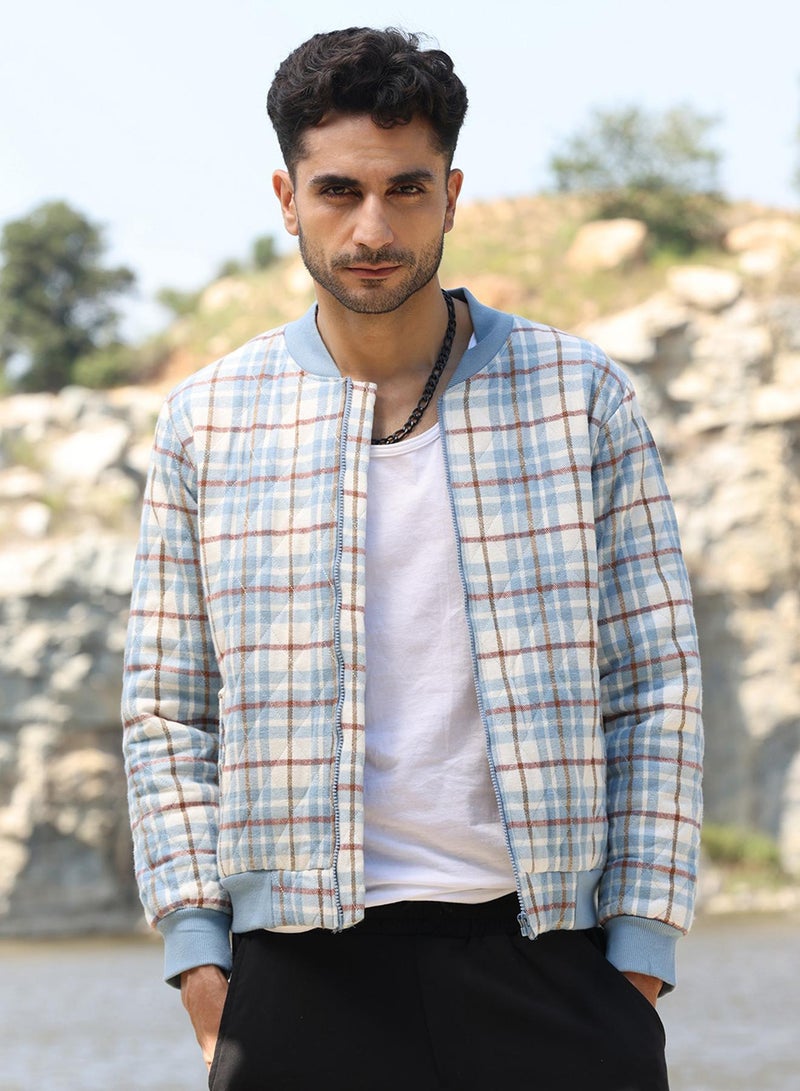 كامبوس سوترا Men's Icy Blue & Brown Tartan Plaid Bomber Jacket  - Image 2
