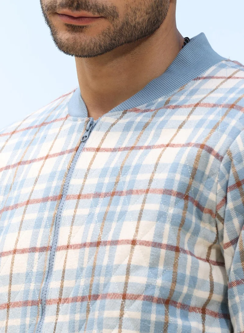 Campus Sutra Men's Icy Blue & Brown Tartan Plaid Bomber Jacket