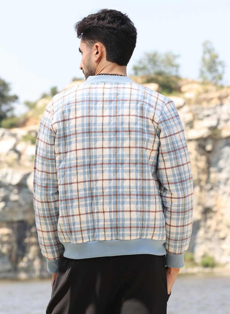كامبوس سوترا Men's Icy Blue & Brown Tartan Plaid Bomber Jacket  - Image 5