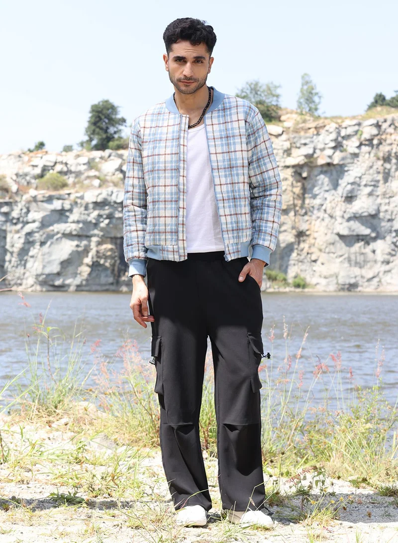 Campus Sutra Men's Icy Blue & Brown Tartan Plaid Bomber Jacket