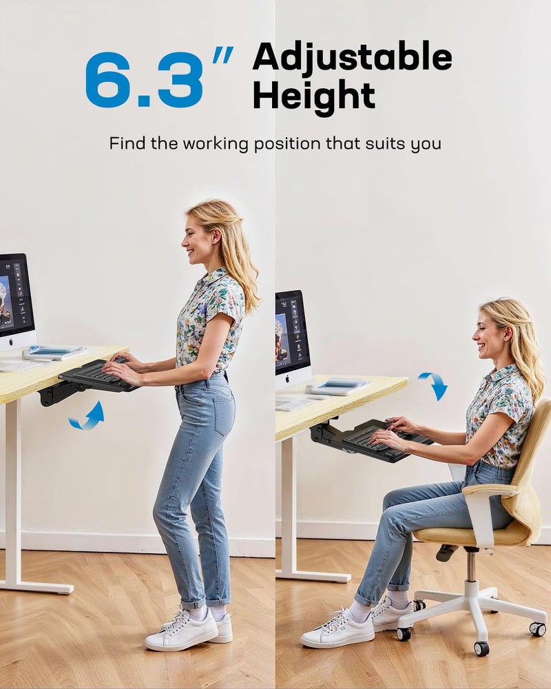 HUANUO Keyboard Tray Under Desk, Adjustable Ergonomic Keyboard & Mouse Tray, Flat Bottom Or Cross Beam Installation, Smooth Sliding Keyboard Holder for Typing in Home Office, Easy Setup, 25â€³W x 9.84â€³D - Image 2