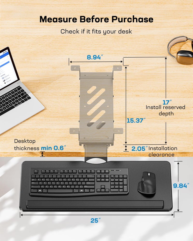 HUANUO Keyboard Tray Under Desk, Adjustable Ergonomic Keyboard & Mouse Tray, Flat Bottom Or Cross Beam Installation, Smooth Sliding Keyboard Holder for Typing in Home Office, Easy Setup, 25â€³W x 9.84â€³D - Image 5