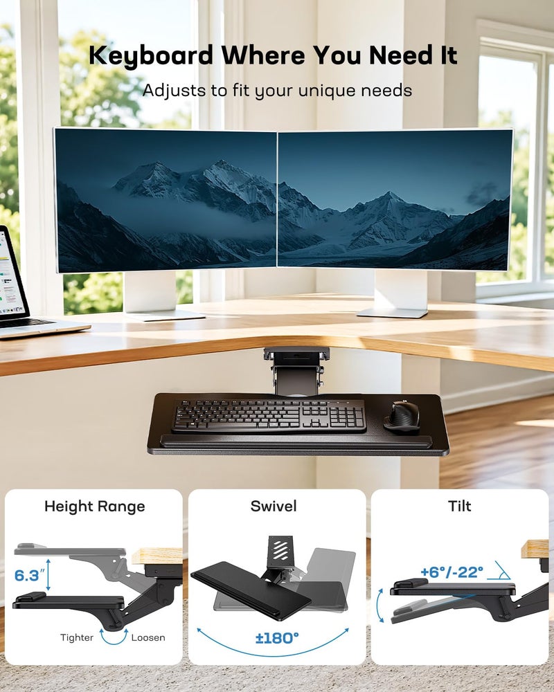 HUANUO Keyboard Tray Under Desk, Adjustable Ergonomic Keyboard & Mouse Tray, Flat Bottom Or Cross Beam Installation, Smooth Sliding Keyboard Holder for Typing in Home Office, Easy Setup, 25â€³W x 9.84â€³D - Image 3