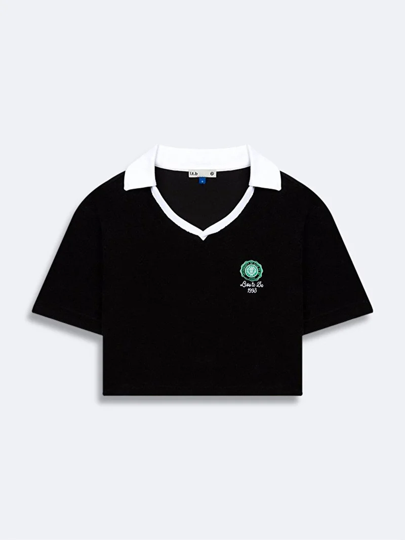 Terry Cloth Graphic Crop Short Sleeve Black T-Shirt