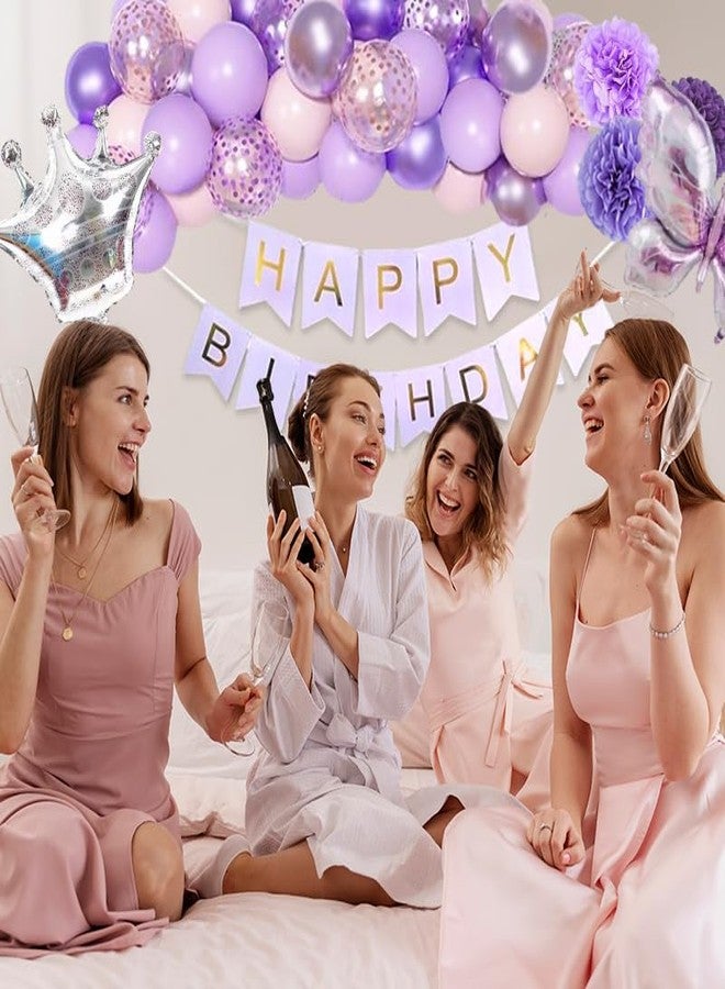 NOONEAU Purple Birthday Decorations for Women, Happy Birthday Banner, Purple Paper Pompoms,Fringe Curtain,Foil Balloons , Hanging Swirls for Women Girls Birthdays Party favors - Image 4